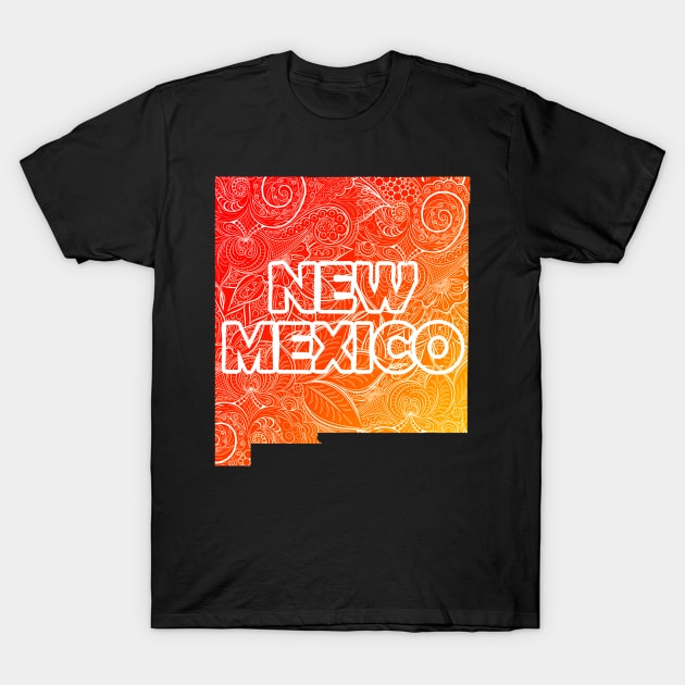 Colorful mandala art map of New Mexico with text in red and orange T-Shirt by Happy Citizen